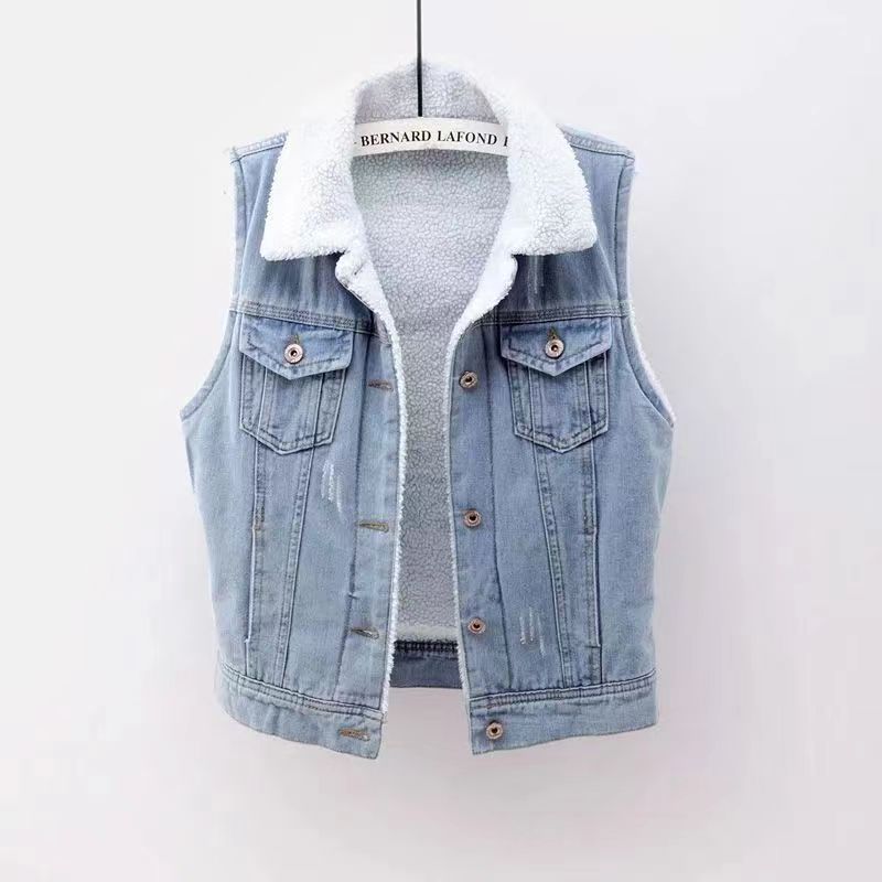 New Denim Vest Fleece-lined Thickened Slim Fit Hooded Cotton Jacket Warm Top Fashion