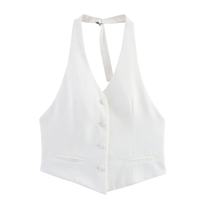 European And American Style Solid Color Design Slim White Bag Buckle Sleeveless Halter Top