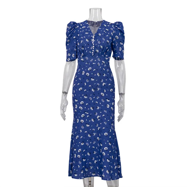 V-neck Pleated Short Sleeves High Waist Floral Dress - Blue