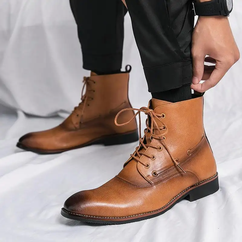 Mens Shoes British-style Height-increasing Leather Boots Hairstylist-pointed-toe