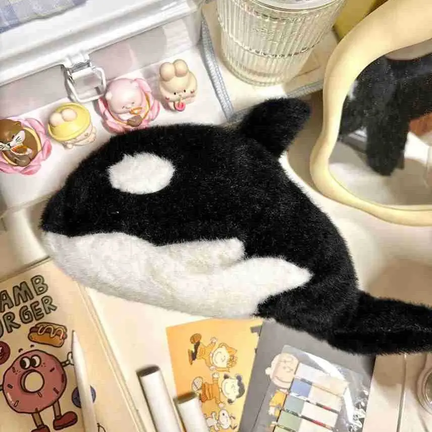 High-Capacity Orca-Shape Plush Pencil Case