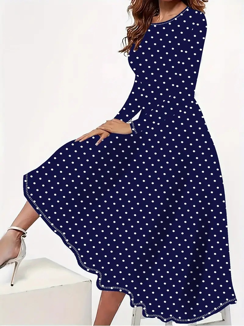 European And American Elegant Polka Dot Printed Round Neck Long Sleeve Pocket Dress