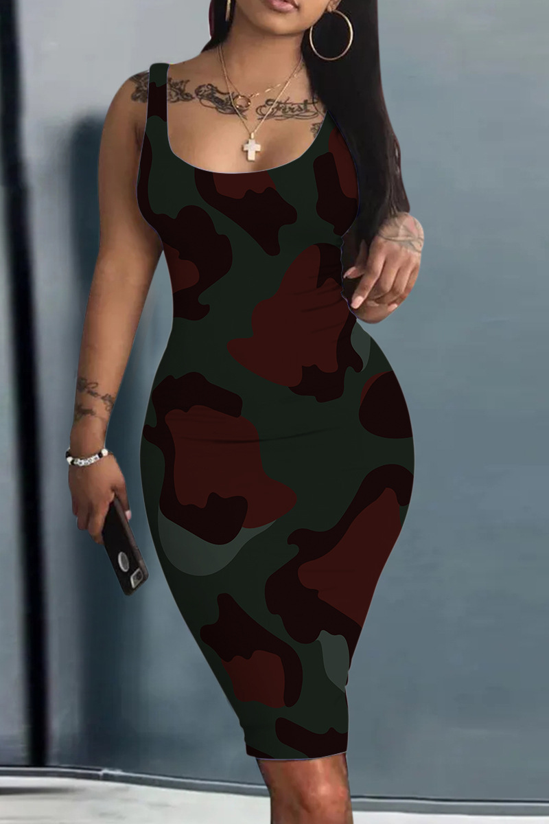 Women's Loose Digital Print Sleeveless Round Neck Slim Fit Skirt