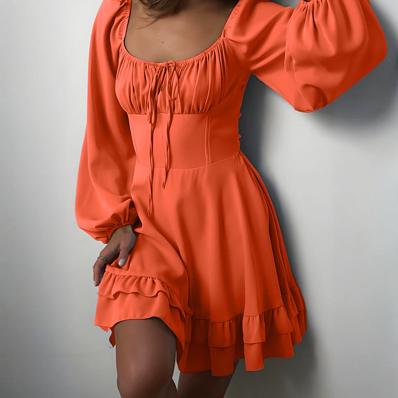 Womens Solid-color Square-neck Waist-cinching Dress