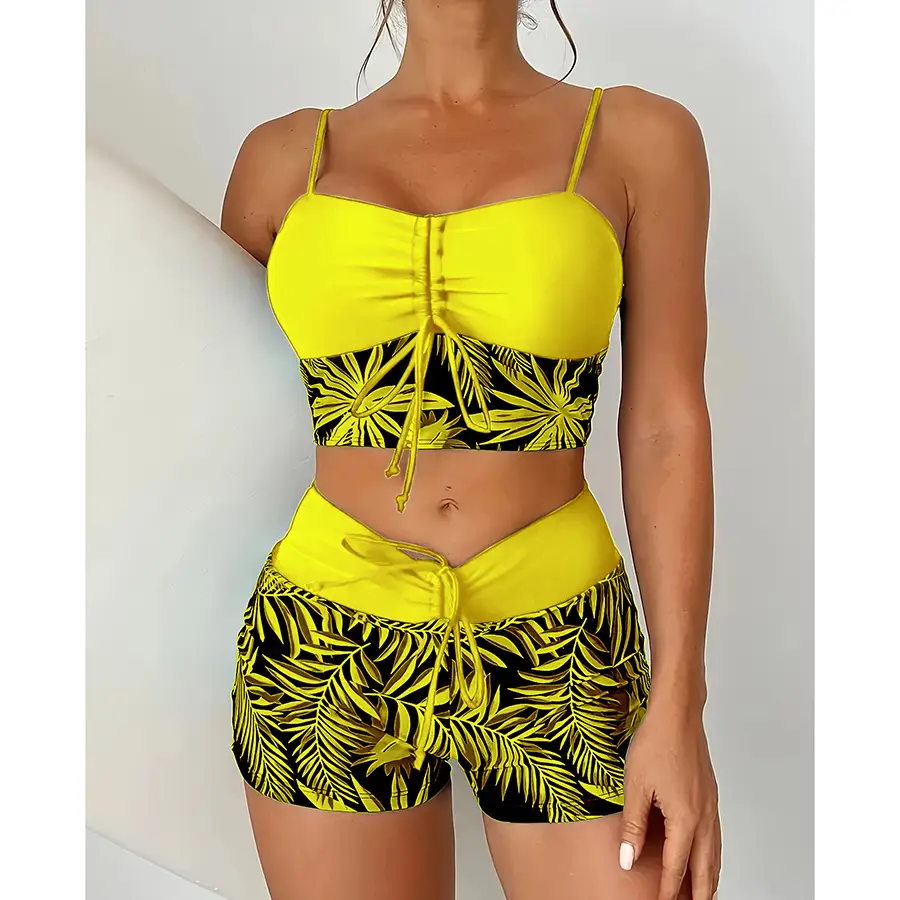 Women's Split High Waist Boxer Lace Printing Swimsuit