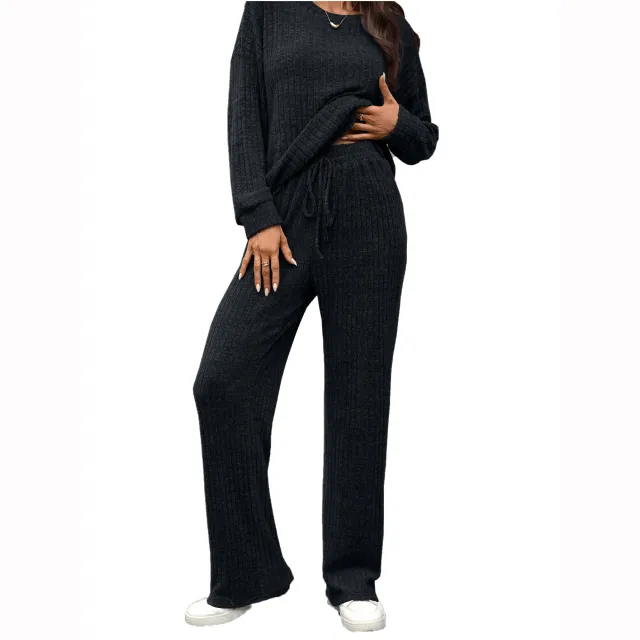 European And American Round Neck Knitted Long Sleeve Brushed Casual Long Sleeve Pants Home Wear Suit Black - Shop at LoveMi