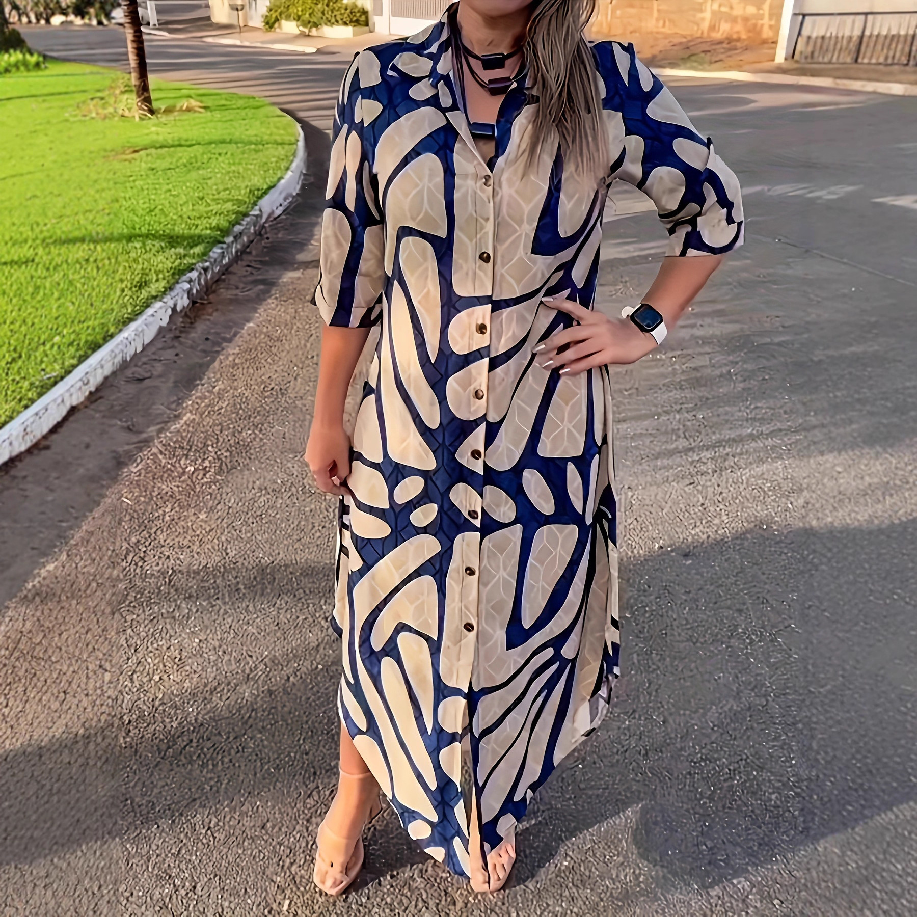 Womens Stylish And Elegant Striped Long-Sleeve Cardigan Long-Button Front Dress