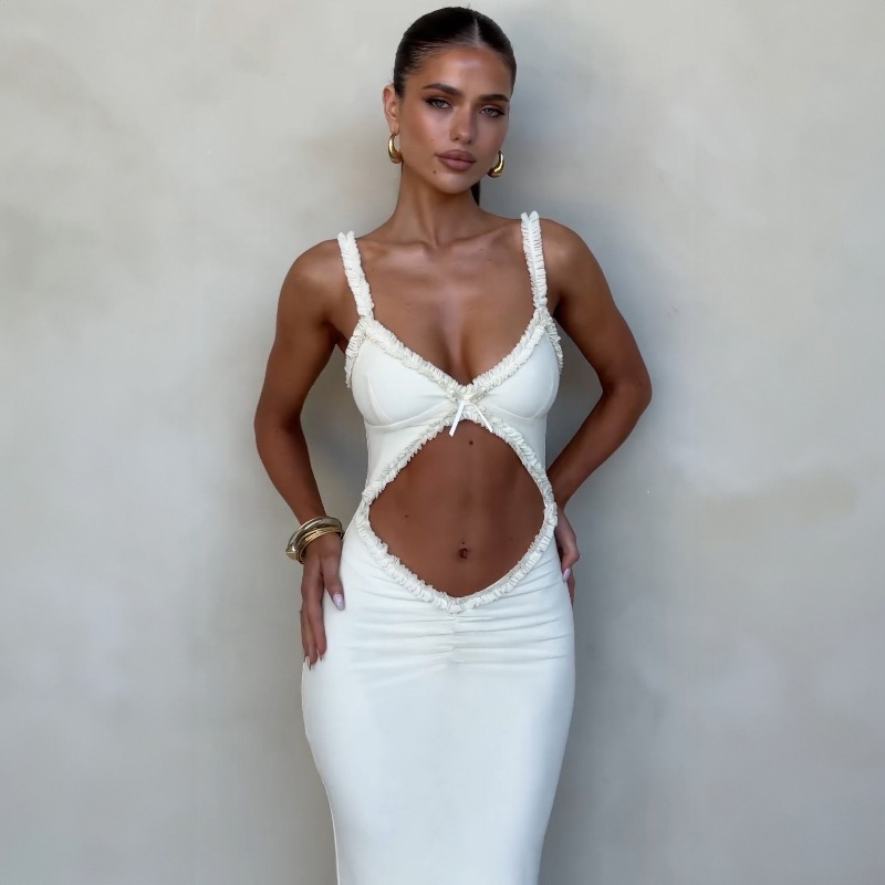 Summer Suspender Wooden Ear Collarless Slim-fit Jumpsuit Dress