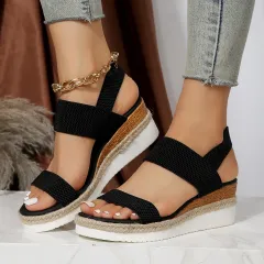 Peep Toe Plus Size Buckle Wedge Platform - Black - View 1