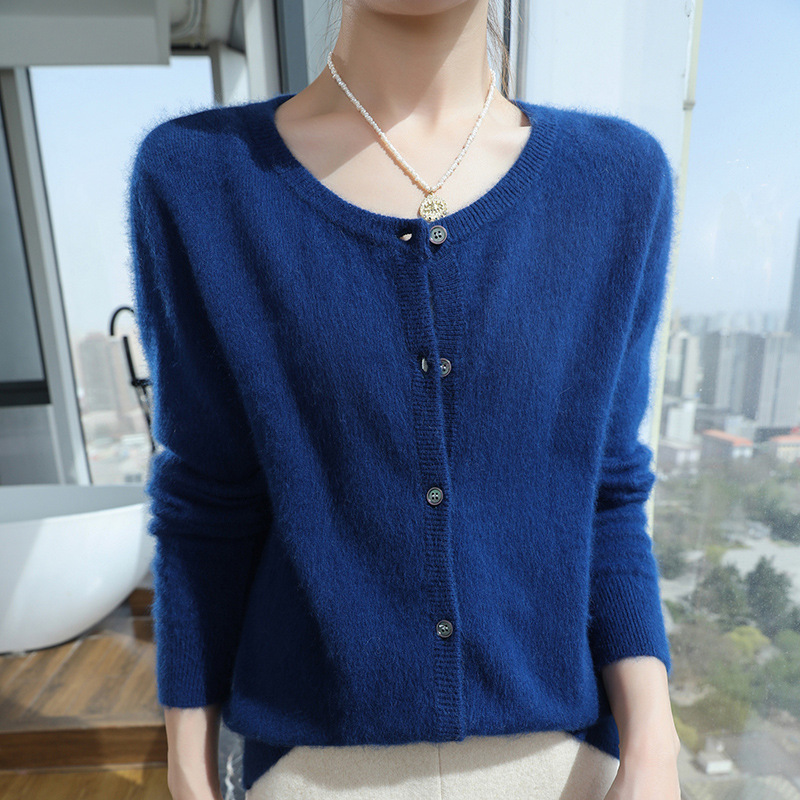 Womens Loose Button-up Solid-color Cropped Sweater With A Crew Neck