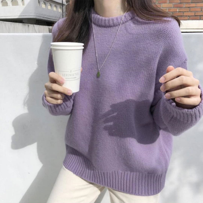 Round Neck Solid Color Sweater For Women
