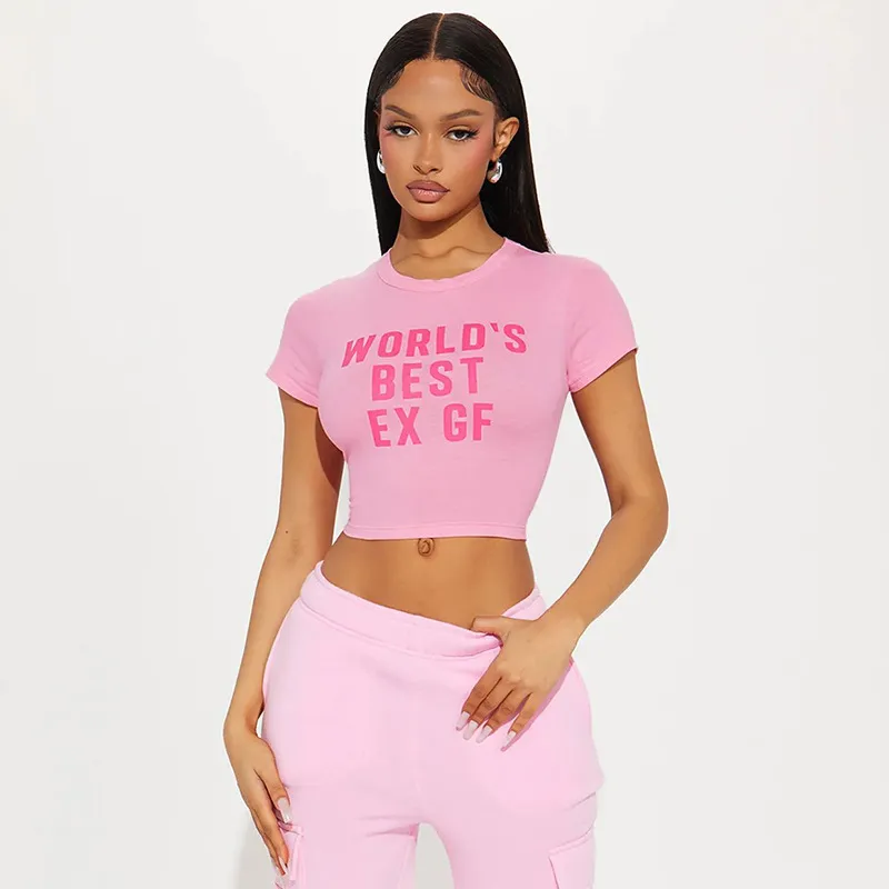 Round Neck Women's T-shirt Letter Print - Pink
