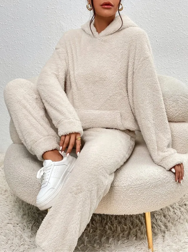 Winter Plush Pajama Set Fashion Casual Hooded Top And Elastic Band Pants Warm Sofa Carpet Home Clothes Women's Trousers Set Clothing Apricot - Shop at LoveMi