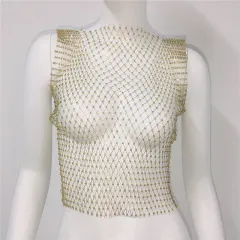 Short Round Neck Fishnet Rhinestone Sleeveless Bottoming Shirt Blouse For Women - Gold - View 1