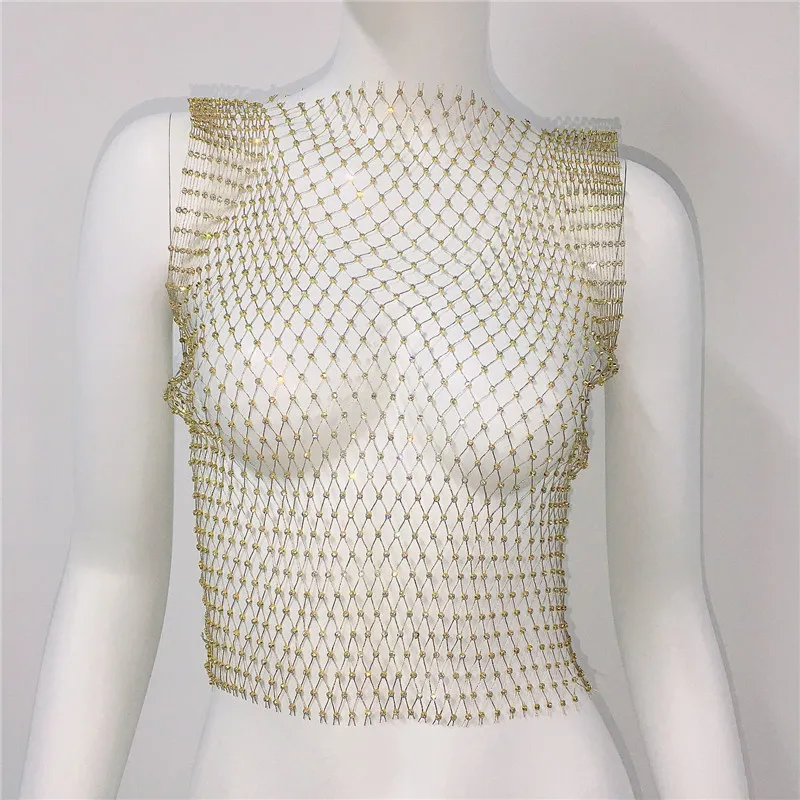 Short Round Neck Fishnet Rhinestone Sleeveless Bottoming Shirt Blouse For Women - Gold