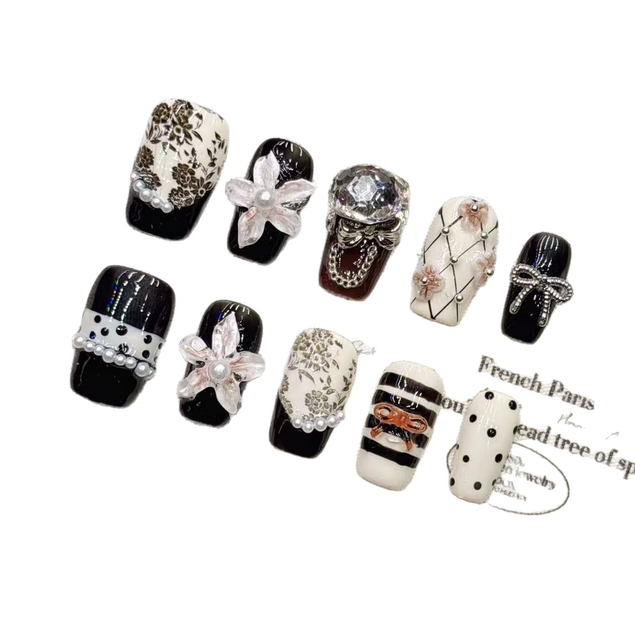 Classic Three Dimensional Relief Sculpted Flower Handmade Nail Tips