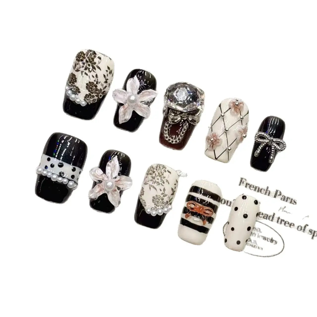 Classic Three Dimensional Relief Sculpted Flower Handmade Nail Tips