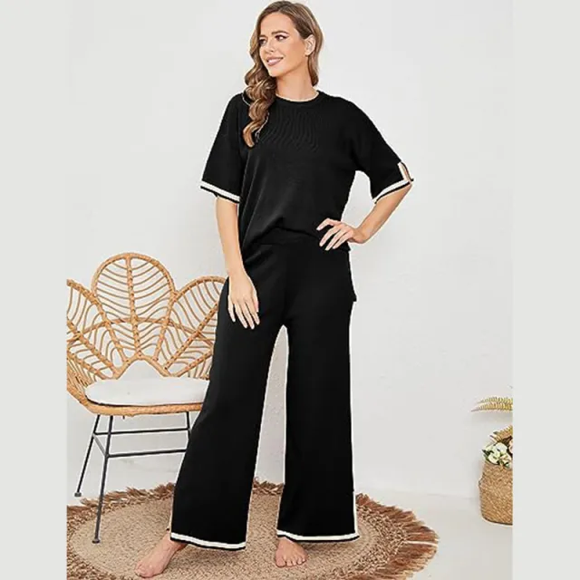 New Knitting Suit Sweater Suit Short Sleeve Pullover Wide Leg Pants Black - Shop at LoveMi