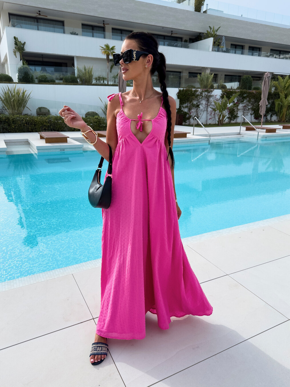 solid color jacquard deep v sling dress front view