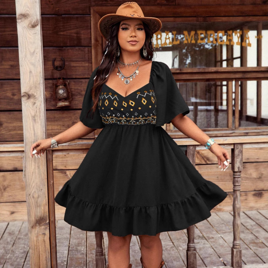 Casual Women's V Neck Embroidered Plus Size Dress Red - Shop at LoveMi