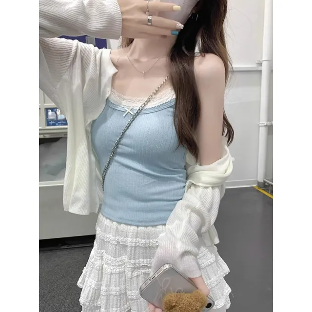 Sweet Spicy Girl Fake Two piece Lace Spliced Camisole Light Blue - Shop at LoveMi