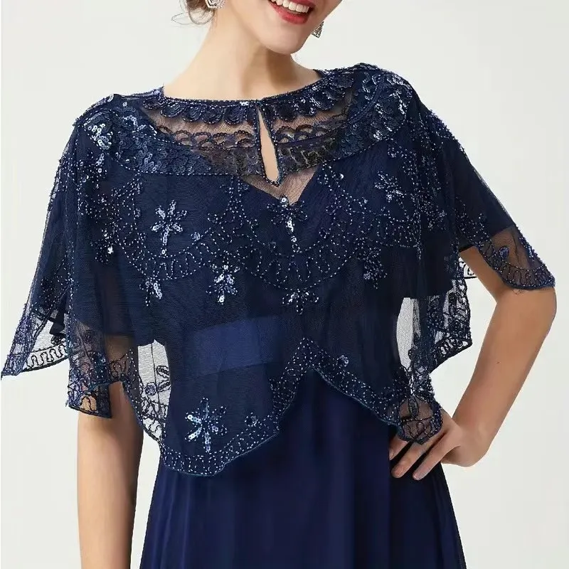 See-through Sequined Small Coat Small Waistcoat - Dark Blue