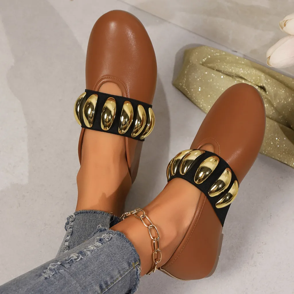 Plus Size Round Head Buckle Flat Bottom Pumps Women - Brown