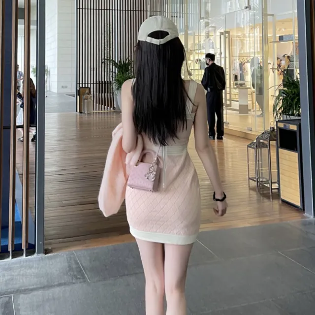 Slim fitting Patchwork Suspender Knitted Woolen Dress Pink - Shop at LoveMi