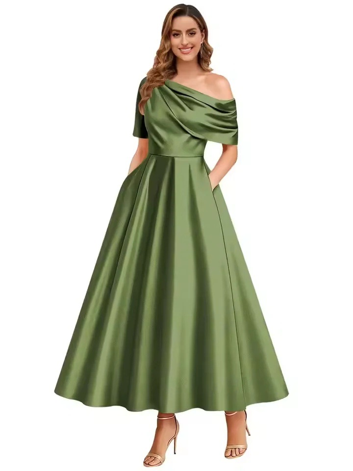 New Elegant And Sophisticated Satin Off-Shoulder Solid Color Dress 10