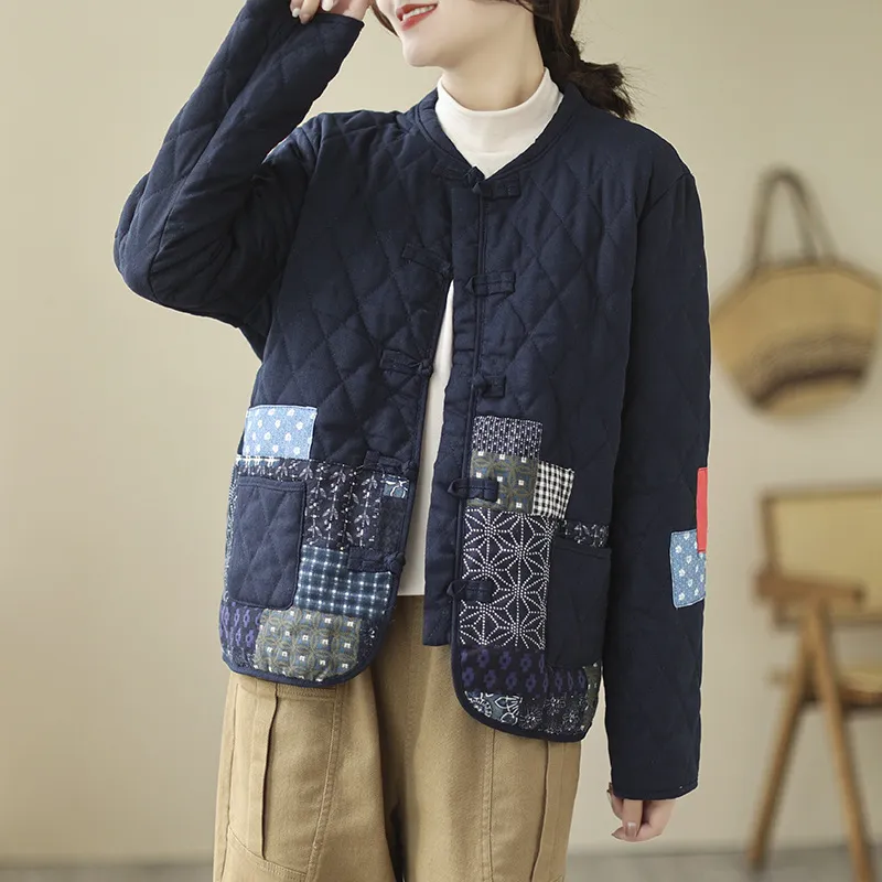 Vintage Patch Cardigan Loose Casual Buckle Rhombus Cotton-padded Jacket - Blue