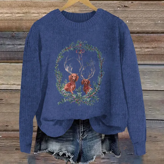 Women's European And American Style Round Neck Pullover Sweater Blue - Shop at LoveMi