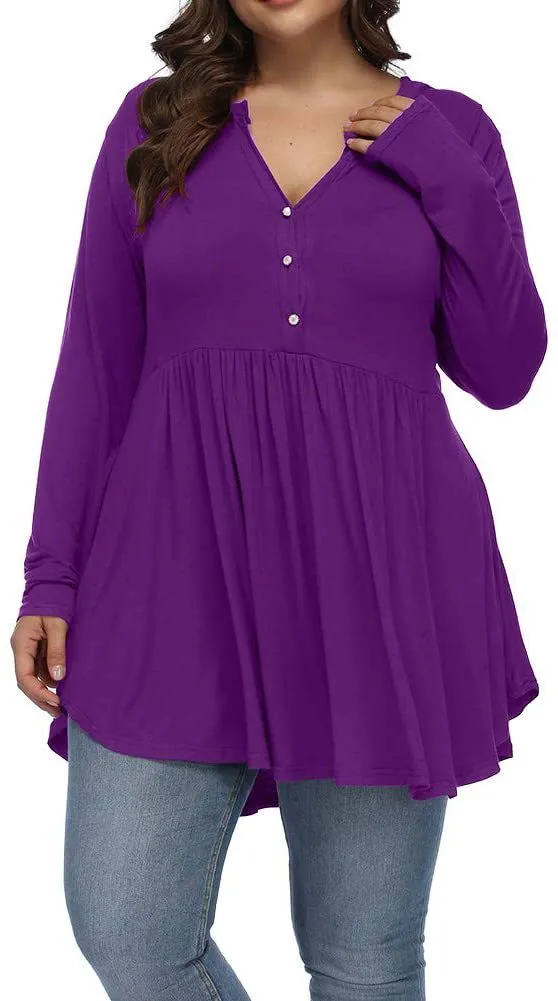 V neck Buttons Pleated Long Sleeve Plus Size T shirt Dark Purple - Shop at LoveMi