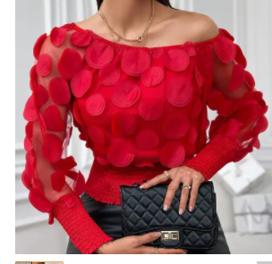 Black Mesh Three-dimensional Flower Off-shoulder Puff Sleeve Top - Image 1