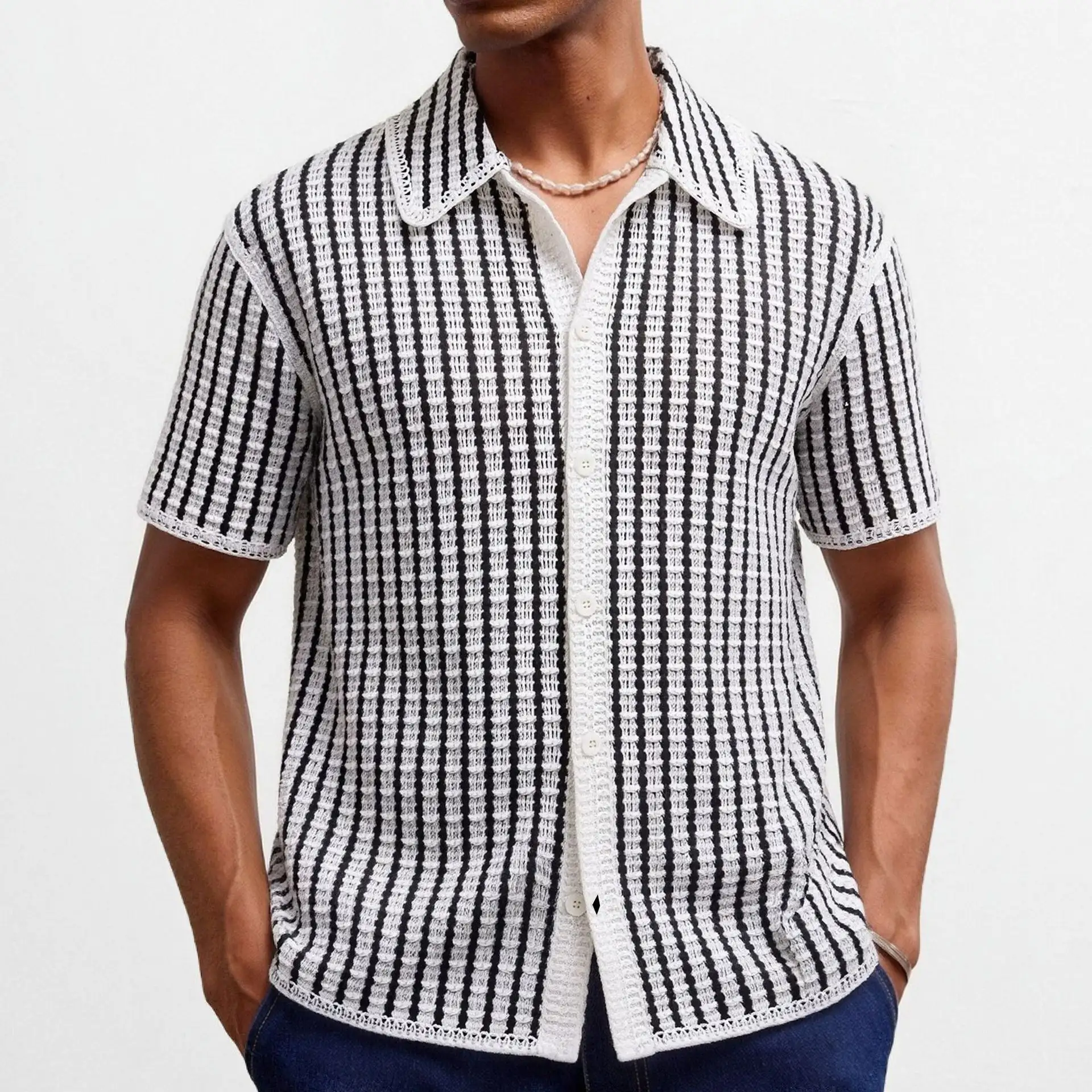European And American-style Mens Striped Hollow-out Knit