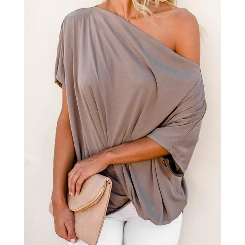 Title 8, Pleated solid color sexy loose shoulder ladies ...