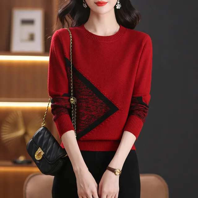 Round Neck Multicolor Sweater Sweaters Women's Clothing Long Sleeve Red - Shop at LoveMi