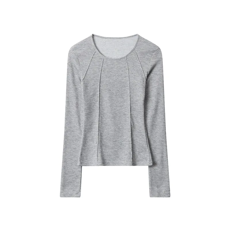 Simple Retro Alphabet Embroidered Slim Long Sleeve Top - Flower Grey