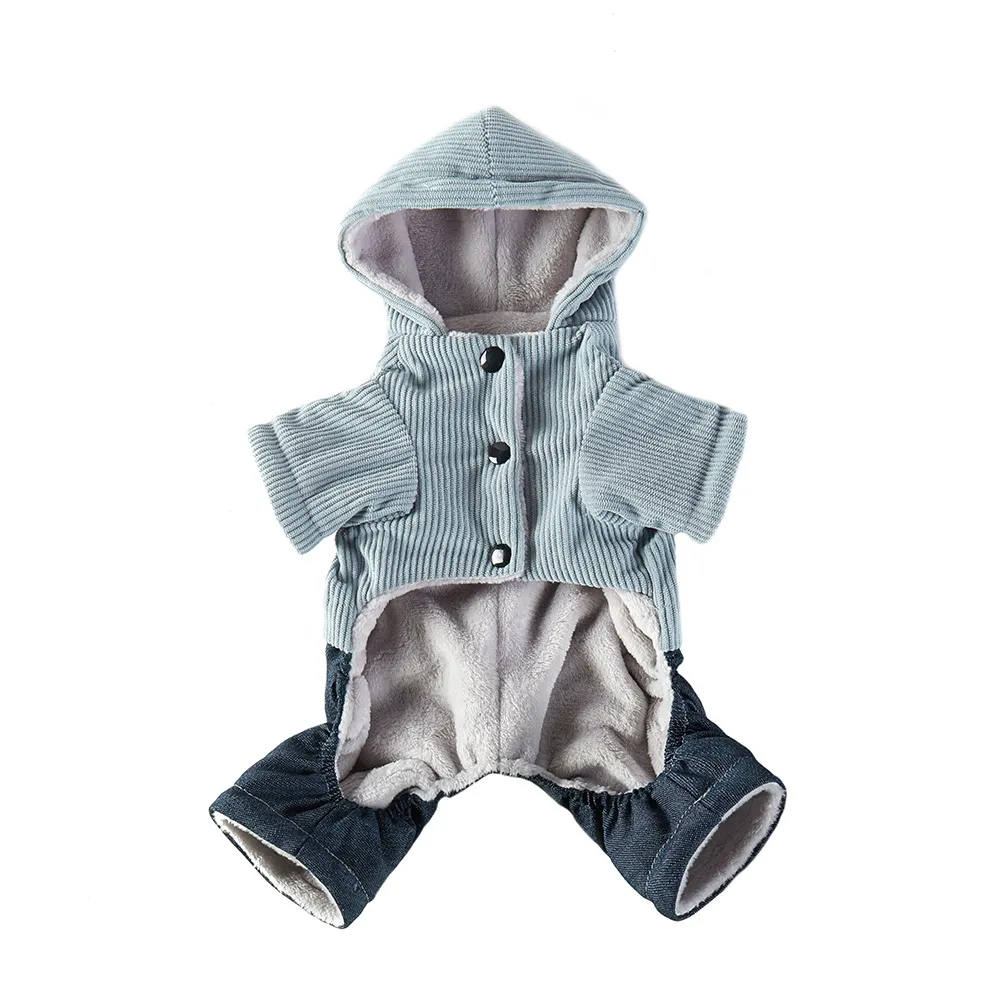 Corduroy Pet Four-legged Hooded Fleece Lined Coat - Blue Feet With Denim