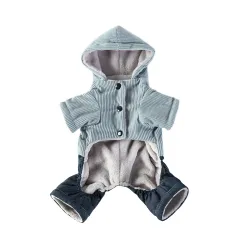 Corduroy Pet Four-legged Hooded Fleece Lined Coat - Blue Feet With Denim - View 1
