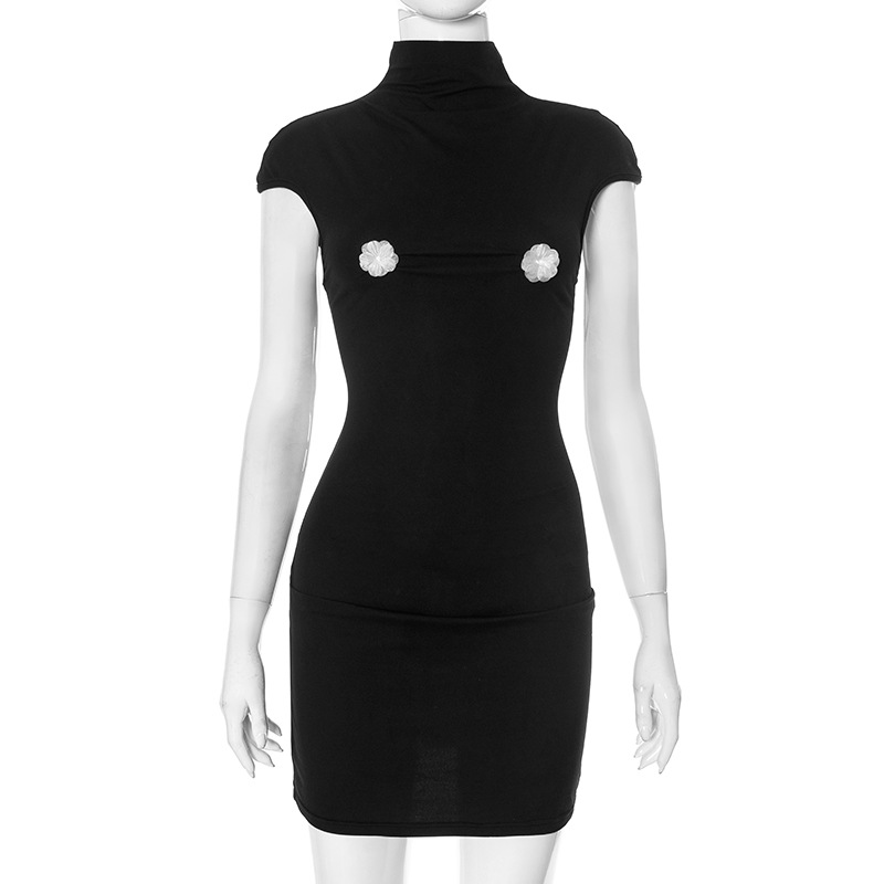 Flower Solid Color Sleeveless Turtleneck Slim Fit Dress Black - Shop at LoveMi