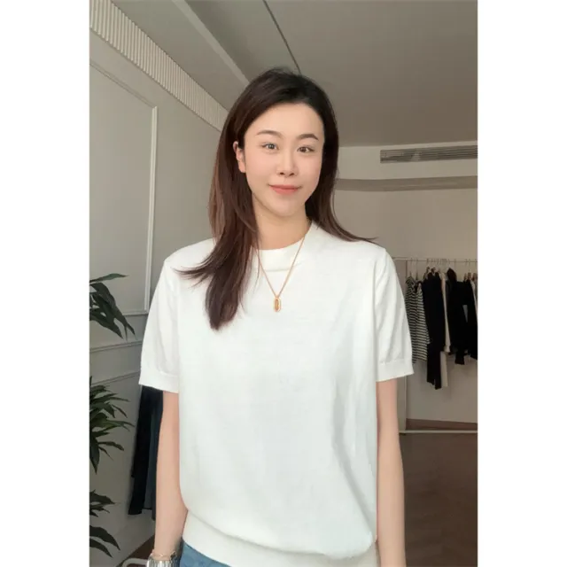 Pure Color Cotton Spun Yarn Knitwear Short Sleeve White - Shop at LoveMi