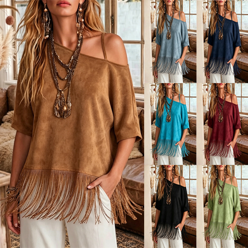 Loose-fit Western-style T-shirt With A Fringed Hem