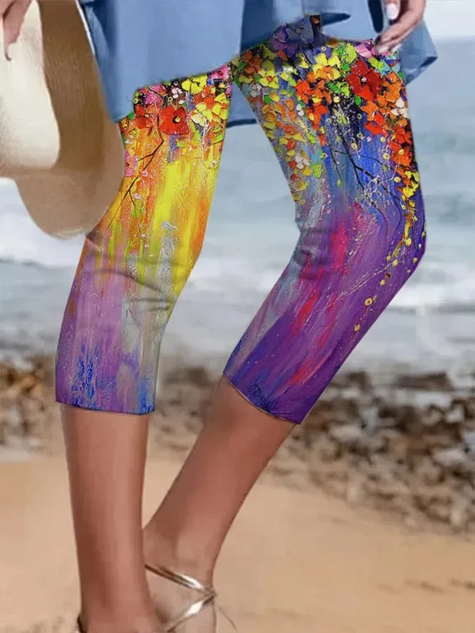 Women Can Wear Outside Casual Leggings Fifth Pants Oil Painting Graffiti Printed Plus Size Women's Clothing - C314Ja40205A15-M