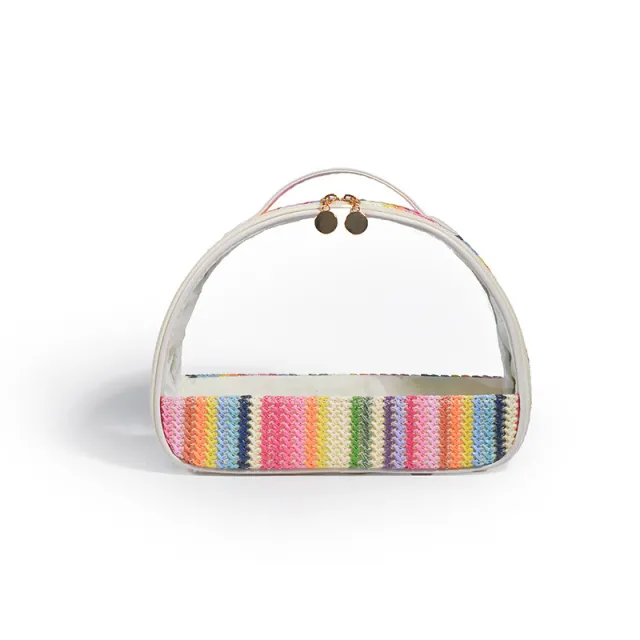 Straw Woven Transparent PVC Semicircle Cosmetic Bag Waterproof Rainbow Woven Toiletries Storage Bag Rainbow - Shop at LoveMi
