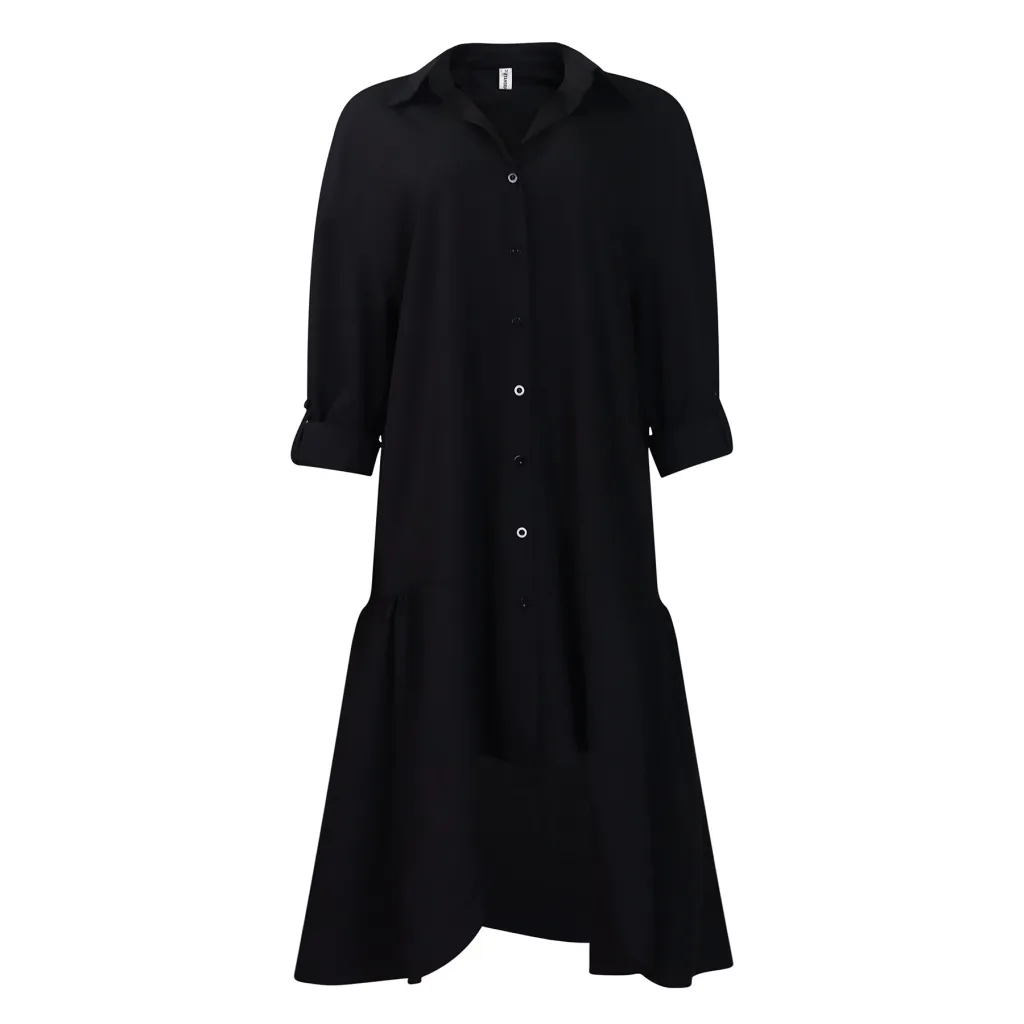 Loose-fitting Long Sleeves Irregular Midi Dress Solid Color - Black