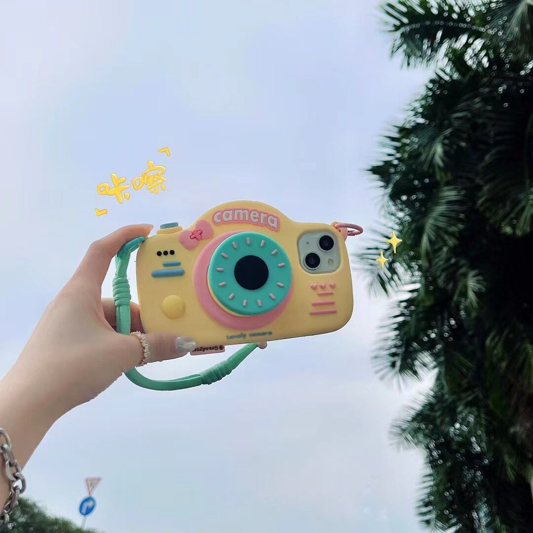 Cute Telescopic Bracket Camera Lanyard Phone Case
