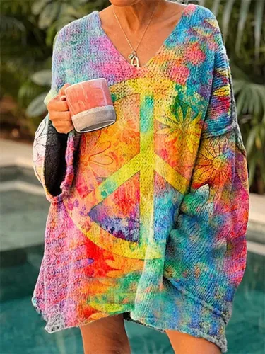 Elegant Digital Printing Casual Loose Women's Sweater Dress Nwy09324102307 - Shop at LoveMi