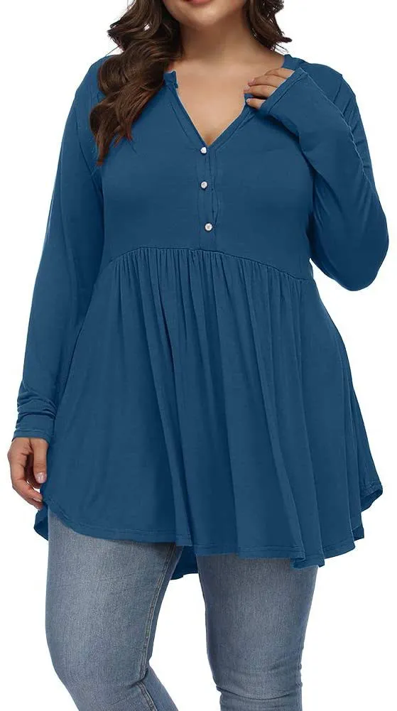 V-neck Buttons Pleated Long Sleeve Plus Size T-shirt - Navy