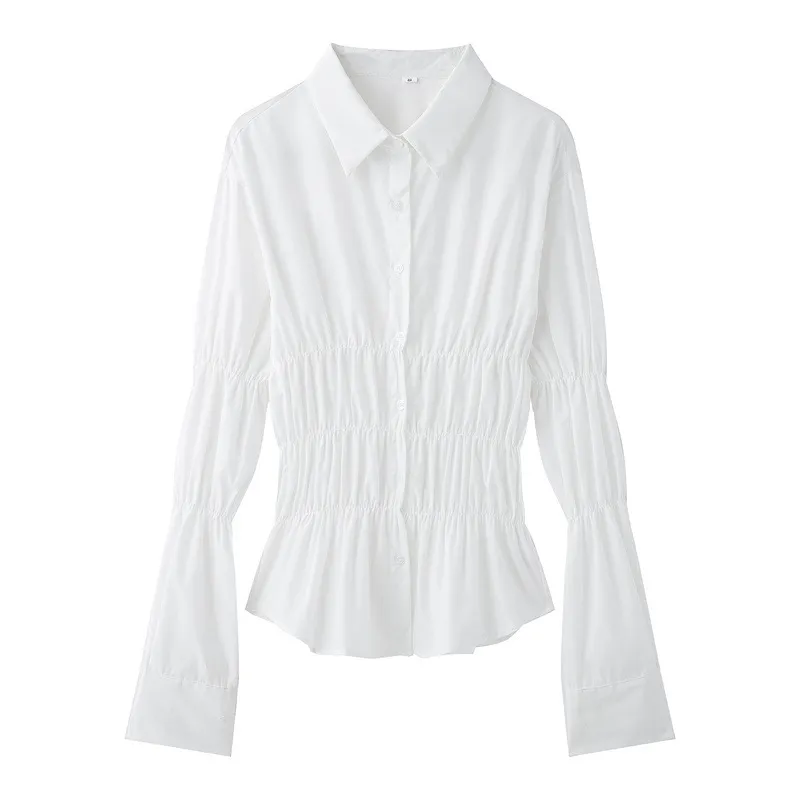 European And American Style Women Long Sleeve Elastic Casual Slim Shirt - White