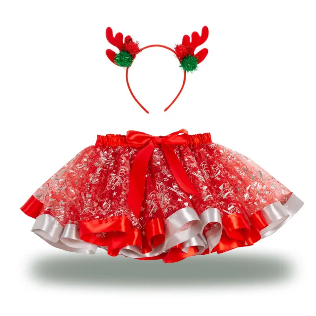 Christmas Printed Pettiskirt With Headband Mesh Children's Skirt Rt118 Red Corner - Shop at LoveMi
